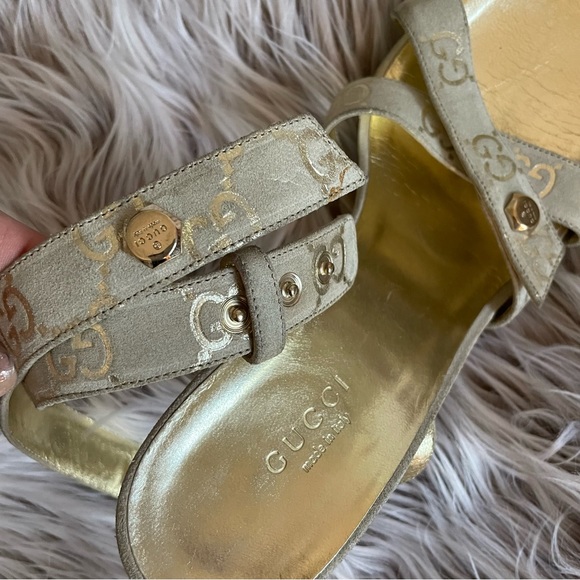 Gucci Gold Monogram Suede Ankle Strap Heels - Picture 7 of 11